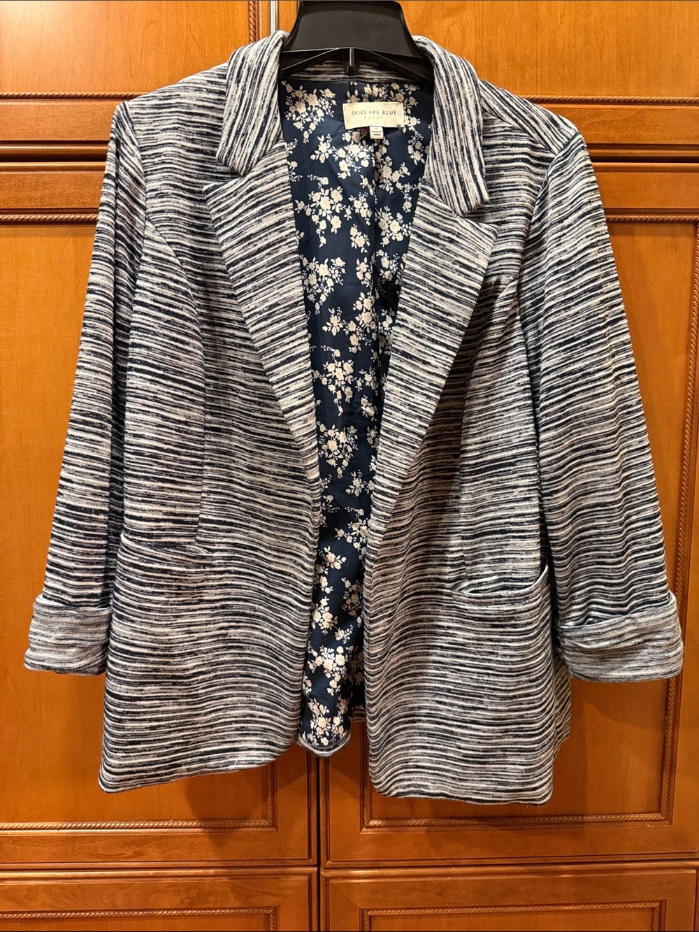 Skies Are Blue Black and White Striped Open Front Blazer